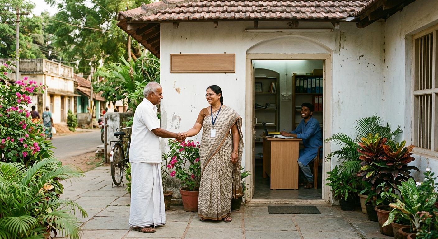 NASA team member greeting a community visitor outside the local office