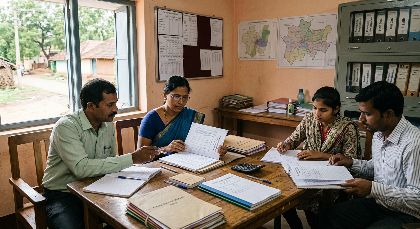 NASA staff reviewing financial summaries, project documents, and field data records